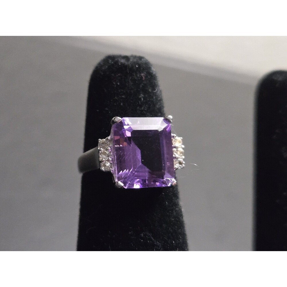 5.94 CTW Amethyst Ring, Large Emerald Cut Purple Gemstone Sterling Silver Size 5 - Picture 6 of 16